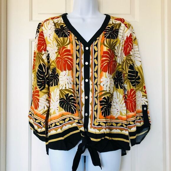 NWOT Ruby Road Palm Leaves Tie Front Blouse - Picture 1 of 16